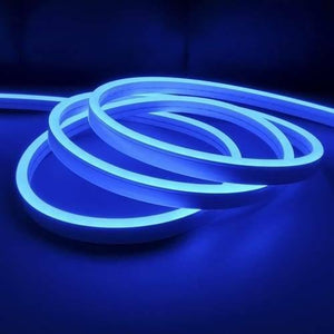12V Neon Flexible Strip Light 1m Waterproof SMD 5050 Blue Rope String Silicone Lamp Outdoor Lighting - coiled into a circular shape and glows with a bright blue light against a dark background.