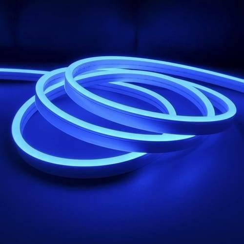 12V Neon Flexible Strip Light 1m Waterproof SMD 5050 Blue Rope String Silicone Lamp Outdoor Lighting - coiled into a circular shape and glows with a bright blue light against a dark background.