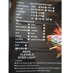 12V Neon Flexible Strip Light 1m Waterproof SMD 5050 Blue Rope String Silicone Lamp Outdoor Lighting - a printed specification label with checkmarks for 5050 light source, 12V voltage, IP20 rating, and blue color.