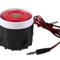 12V Piezo Buzzer Alarm Speaker - a black and white cylindrical siren with a red top, attached to a red and black wire ending in a 3.5mm jack.