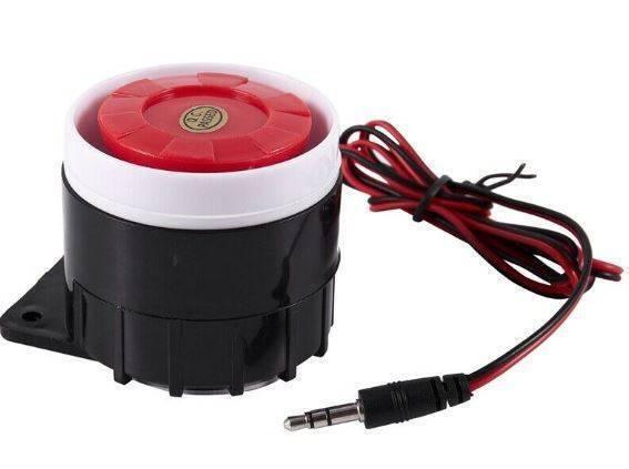 12V Piezo Buzzer Alarm Speaker - a black and white cylindrical siren with a red top, attached to a red and black wire ending in a 3.5mm jack.