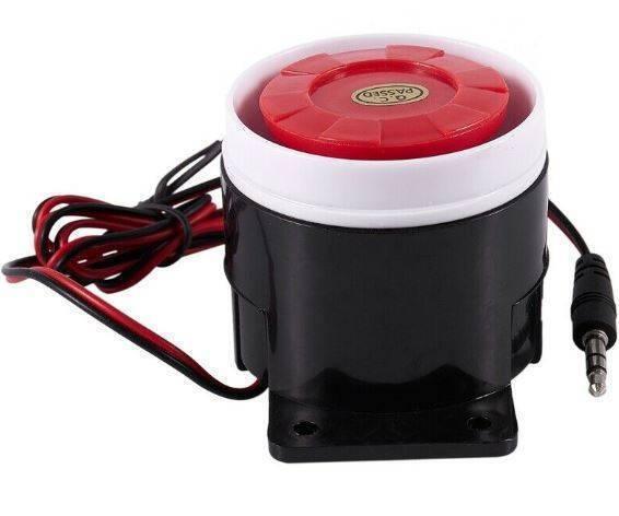 12V Piezo Buzzer Alarm Speaker - with a black cylindrical body, a red top, attached red and black wires, and a 3.5mm jack connector.