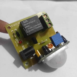 12V PIR Motion Sensor Switch Module - a white dome sensor, a black relay, a DC power jack, a red LED, and a blue potentiometer on a yellow PCB.