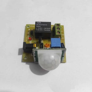 12V PIR Motion Sensor Switch Module - a white dome sensor, a black relay, a blue potentiometer, a DC power jack, and a green screw terminal block.