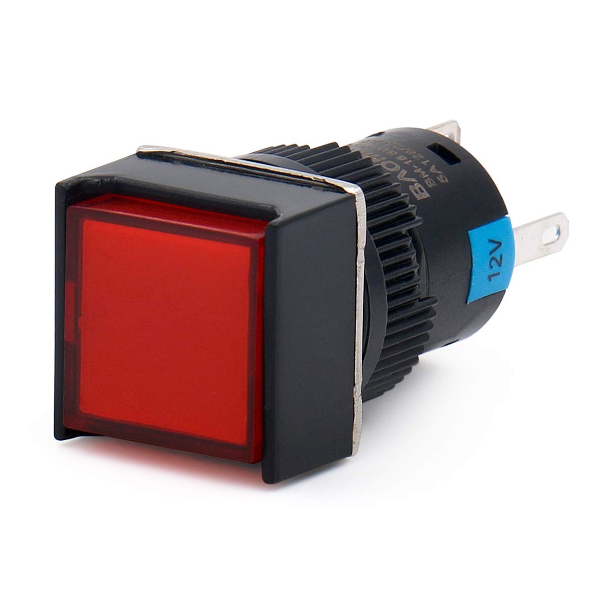 12V Push Button Switch Square Cap No Nc Latching/momentary LED Lamp Red Light 16mm Dpdt 8 Pin - red-capped push button switch with a black cylindrical body, 12V label, and visible metal pins at the rear.
