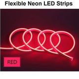 12V Red Neon Flexible Strip Light 1m Waterproof SMD 5050 Rope String Silicone Lamp Outdoor Lighting - coiled into circles against a dark background with a small red box labeled RED in the corner.