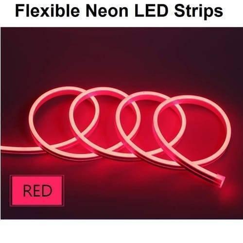 12V Red Neon Flexible Strip Light 1m Waterproof SMD 5050 Rope String Silicone Lamp Outdoor Lighting - coiled into circles against a dark background with a small red box labeled RED in the corner.