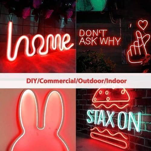 12V Red Neon Flexible Strip Light 1m Waterproof SMD 5050 Rope String Silicone Lamp Outdoor Lighting - four examples of red and blue neon signs shaped as text, a hand gesture, a rabbit, and a burger on a brick wall.