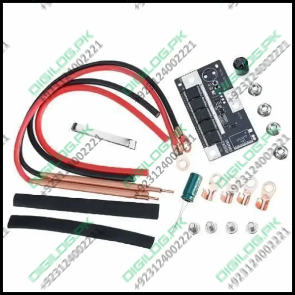 12V Spot Welder Set Portable Battery Spot Welding Storage Machine DIY PCB Circuit Board For 18650 26650 32650 - a black PCB circuit board, two copper welding pens with red and black wires, a capacitor, metal lugs, nuts, and heat shrink.