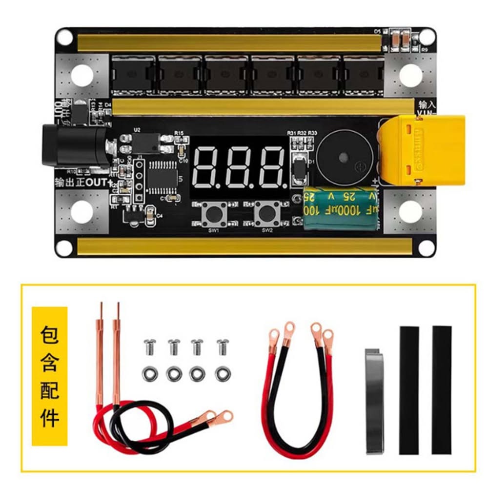 12V Spot Welder Set Portable Battery Spot Welding Storage Machine DIY PCB Circuit Board For 18650 26650 32650 - 12V Spot Welder Set showing the black PCB circuit board with a digital display, yellow input connector, and included accessories like wires and screws.