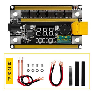12V Spot Welder Set Portable Battery Spot Welding Storage Machine DIY PCB Circuit Board For 18650 26650 32650 - 12V Spot Welder Set showing the black PCB circuit board with a digital display, yellow input connector, and included accessories like wires and screws.
