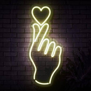 12V Warm White Neon Flexible Strip Light 1m Waterproof SMD 5050 Rope String Silicone Lamp Outdoor Lighting - shaped into a glowing yellow neon hand making a heart sign.