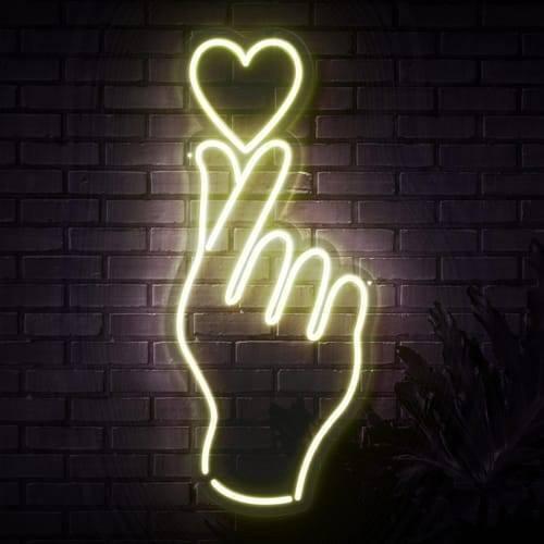 12V Warm White Neon Flexible Strip Light 1m Waterproof SMD 5050 Rope String Silicone Lamp Outdoor Lighting - shaped into a glowing yellow neon hand making a heart sign.
