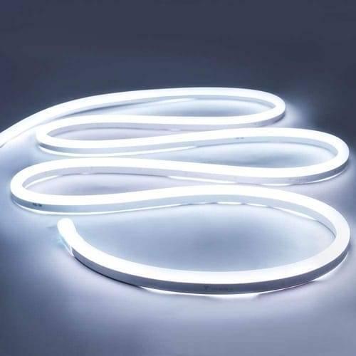 12V White Neon Flexible Strip Light 1m Waterproof SMD 5050 Rope String Silicone Lamp Outdoor Lighting - shown as a single length of white silicone LED rope coiled in loops and illuminated with a bright white glow.