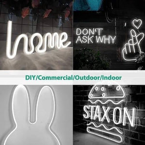12V White Neon Flexible Strip Light 1m Waterproof SMD 5050 Rope String Silicone Lamp Outdoor Lighting - shown in a collage forming various shapes including text and icons.