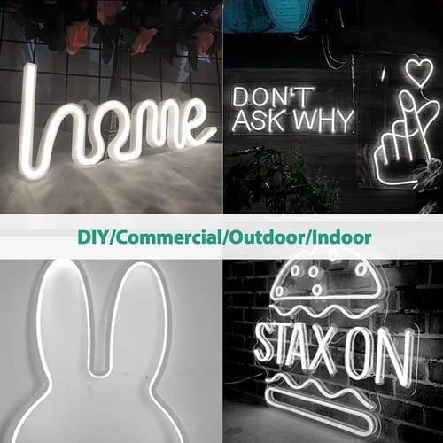 12V White Neon Flexible Strip Light 1m Waterproof SMD 5050 Rope String Silicone Lamp Outdoor Lighting - shown in a collage forming various shapes including text and icons.