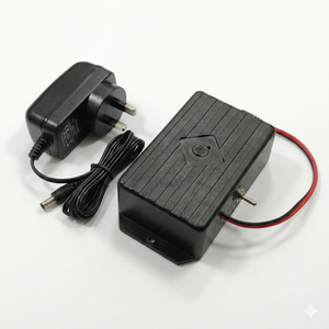 12V WiFi Router Power Bank With Power Supply Adapter 12.6V - black rectangular case, a toggle switch, a red and black wire, and a separate black power supply adapter.