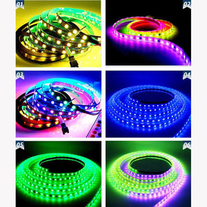 12V WS2811 LED Strip Lights, RGB LED Pixel Strip 5m 300 LEDS IP30 Addressable Intelligent LED Light Strip For Advertising Decoration DIY Projects With Remote And 5V 2A Power Supply - shown in a collage of six images displaying the flexible strips coiled in various vibrant RGB lighting modes with a remote.