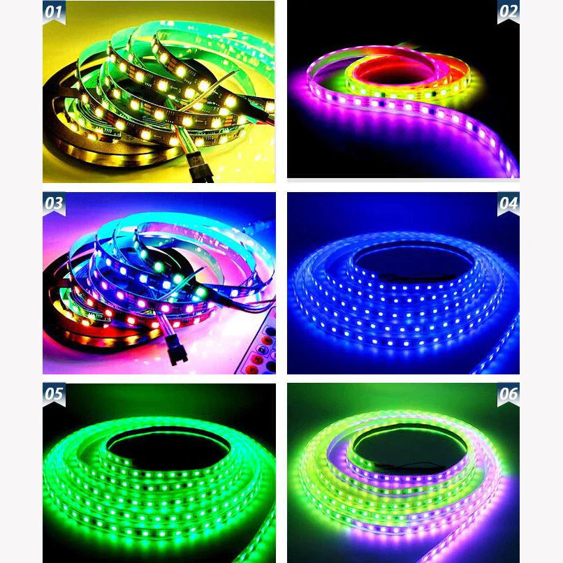 12V WS2811 LED Strip Lights, RGB LED Pixel Strip 5m 300 LEDS IP30 Addressable Intelligent LED Light Strip For Advertising Decoration DIY Projects With Remote And 5V 2A Power Supply - shown in a collage of six images displaying the flexible strips coiled in various vibrant RGB lighting modes with a remote.