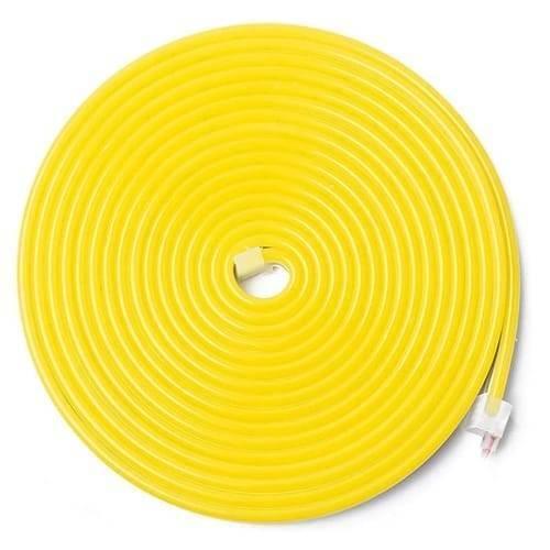 12V Yellow Neon Flexible Strip Light 1m Waterproof SMD 5050 Rope String Silicone Lamp Outdoor Lighting - shown coiled in a circular shape with a white two-pin connector attached at the end.