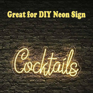 12V Yellow Neon Flexible Strip Light 1m Waterproof SMD 5050 Rope String Silicone Lamp Outdoor Lighting - shown shaped into the word "Cocktails" with a glowing yellow light against a dark brick wall background.