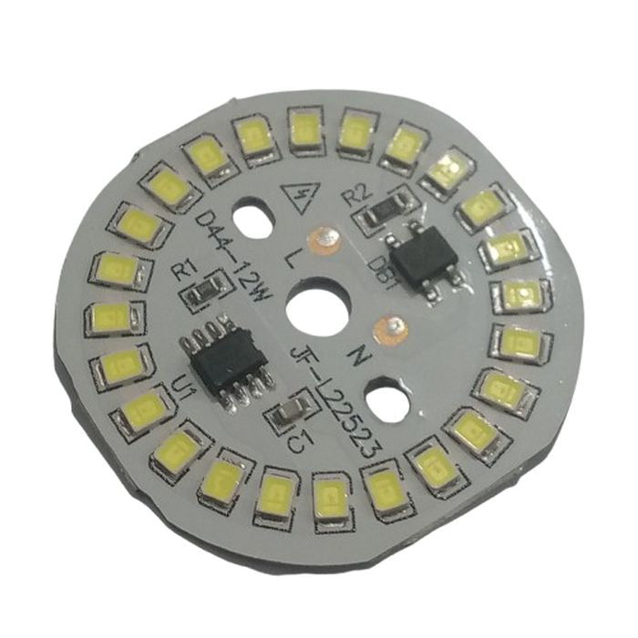 12W 220V LED Light - a circular grey printed circuit board featuring numerous small surface-mounted LEDs, a bridge rectifier, and an integrated circuit.