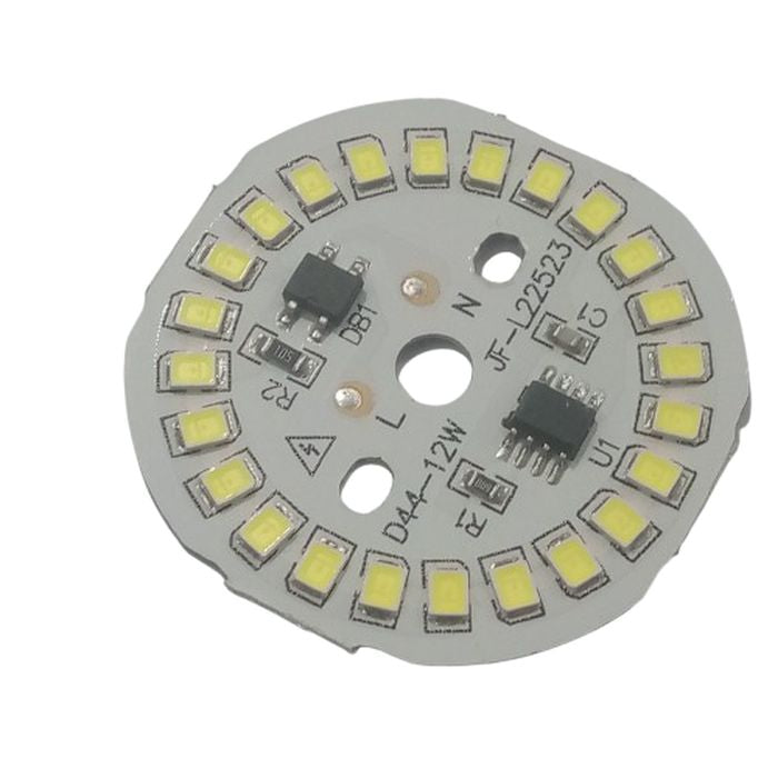 12W 220V LED Light - a circular white LED circuit board featuring multiple surface-mounted LEDs, two IC chips, and labeled L and N power input points.