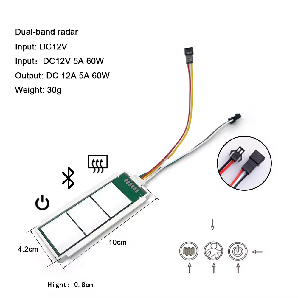 12W Three-Button Inductive Stepless Temperature Touch Sensor Color Adjustment for Bathroom Mirror Dimming and Defogging - a rectangular white control module with three touch icons, attached wiring, and dimension labels.