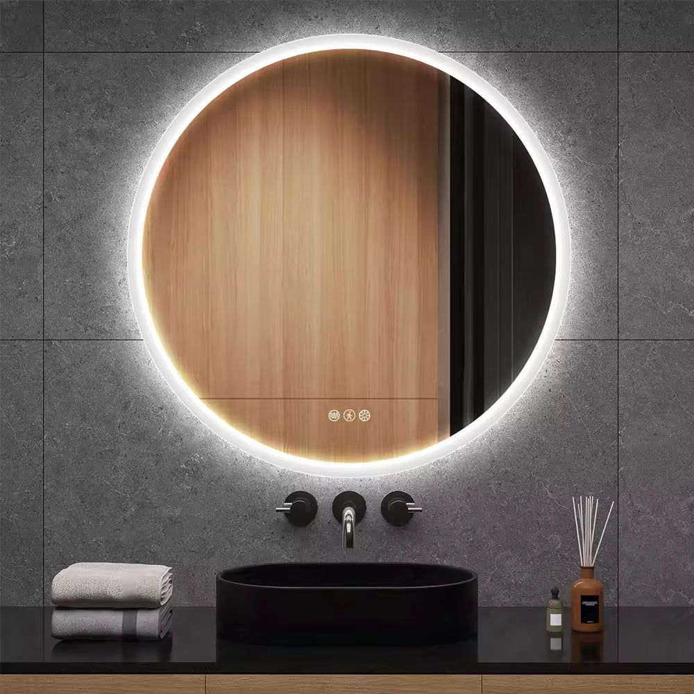 12W Three-Button Inductive Stepless Temperature Touch Sensor Color Adjustment for Bathroom Mirror Dimming and Defogging - wall-mounted bathroom mirror with a glowing LED frame and three touch-sensitive icons.