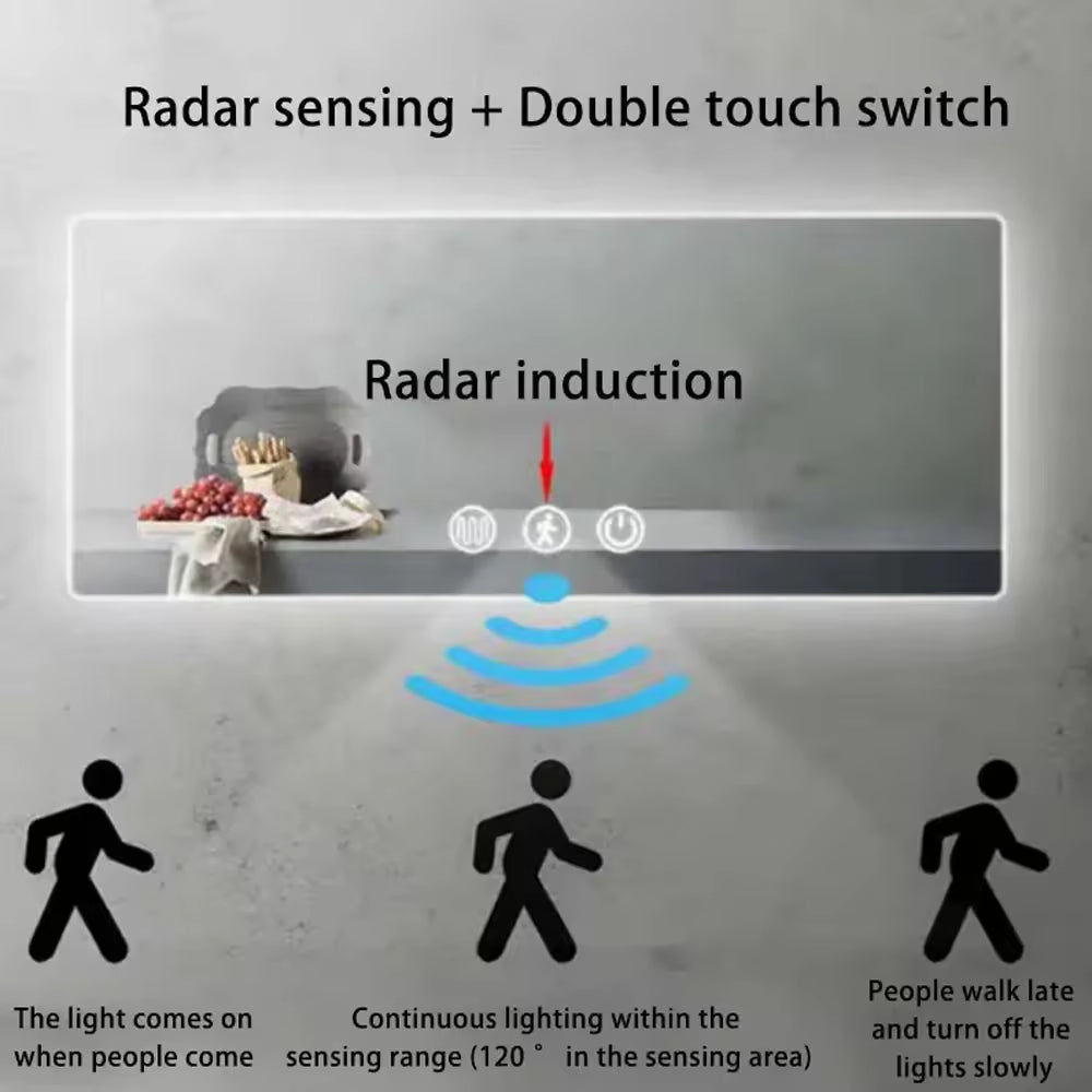 12W Three-Button Inductive Stepless Temperature Touch Sensor Color Adjustment for Bathroom Mirror Dimming and Defogging - a diagram of a mirror with three touch buttons and a radar sensing motion icon.