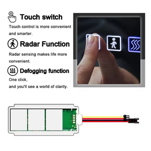 12W Three-Button Inductive Stepless Temperature Touch Sensor Color Adjustment for Bathroom Mirror Dimming and Defogging - a finger touching a light-up button, with a diagram of the sensor board and its attached wiring harness.