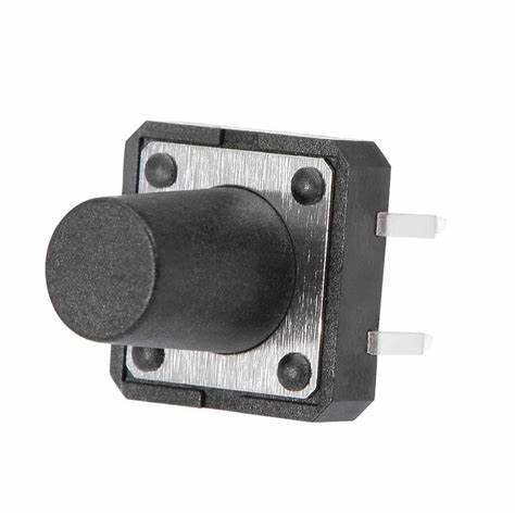 12x12x12mm Tactile Push Button Switch - a black square tactile switch with a tall cylindrical button cap and two metal pins extending from one side.