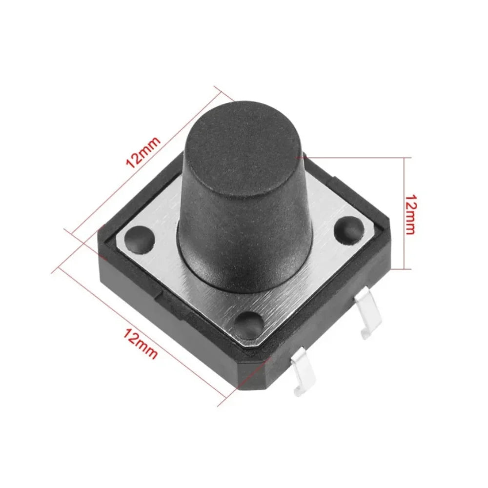 12x12x12mm Tactile Push Button Switch - a black square tactile switch with a tall cylindrical button and four metal pins, overlaid with dimension lines.