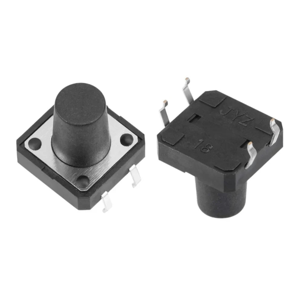 12x12x12mm Tactile Push Button Switch - two black square tactile switches with tall round plungers and four metal pins, one viewed from above.