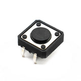 12x12x4mm Tactile Push Button - shown as a black square tactile switch with a round center actuator and four metal pins on a white background.