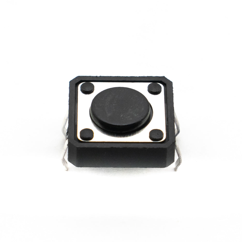 12x12x4mm Tactile Push Button - a square black electronic switch with a central circular button and four metal pins extending from the base.