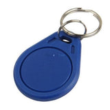 13.56MHz RFID Tag Key Ring Tag RFID Card - a blue, oval-shaped plastic RFID key fob attached to a silver metal keyring.