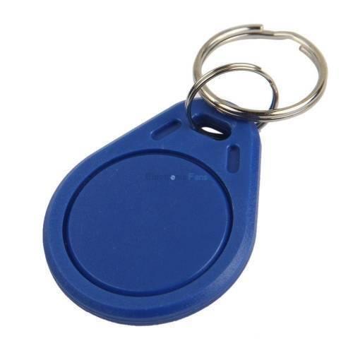 13.56MHz RFID Tag Key Ring Tag RFID Card - a blue, oval-shaped plastic RFID key fob attached to a silver metal keyring.