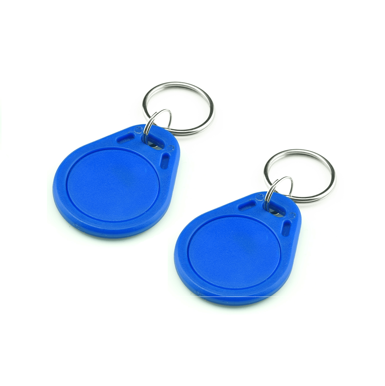 13.56MHz RFID Tag Key Ring Tag RFID Card - two blue, teardrop-shaped plastic RFID key fobs with attached metal split rings on a white background.