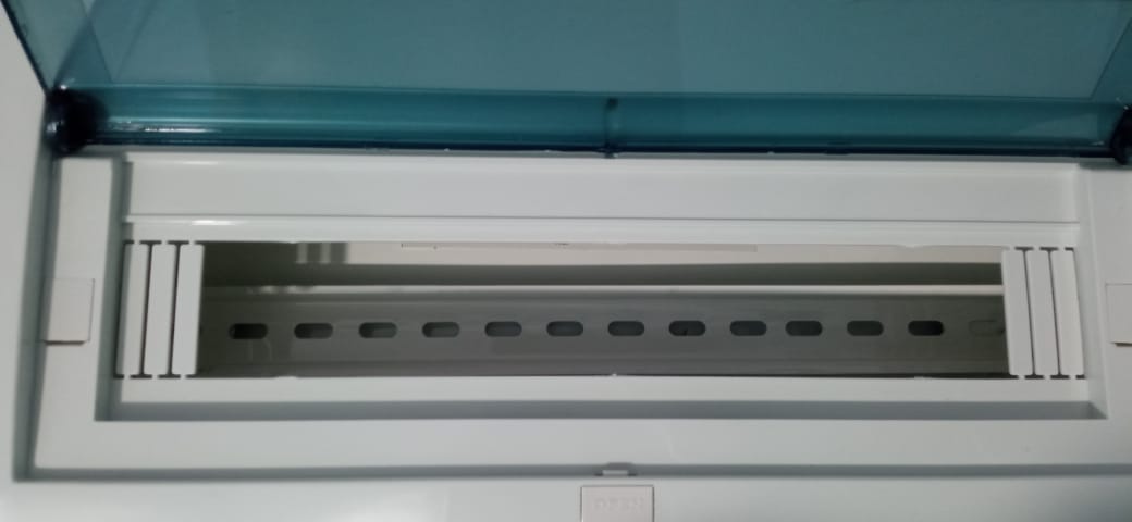 13 Way Dustproof Metal Breaker Box solar box - an empty white plastic enclosure with a blue transparent hinged cover and an internal metal DIN rail.
