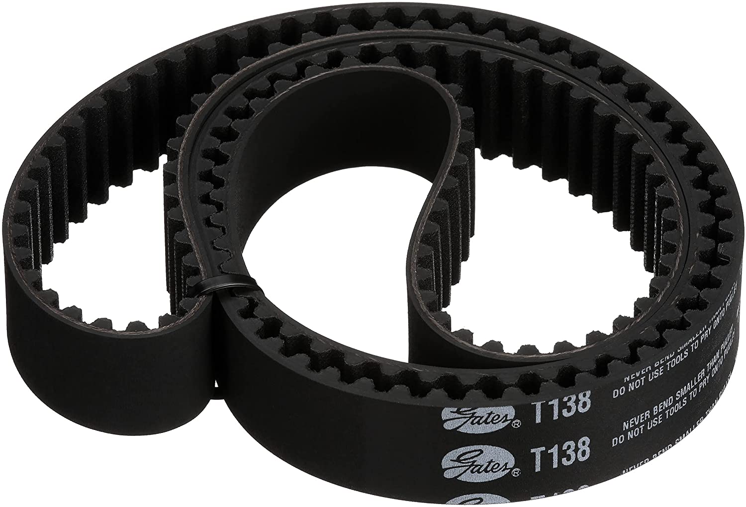 138st1.5asa Timing Belt - a black, toothed rubber belt looped into a figure-eight shape with the Gates T138 brand name printed on the side.