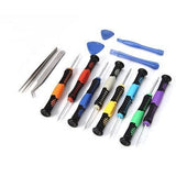 14 Pcs Repair Tools Screwdrivers Kit For Smartphone Pc Tablet 2811 - an assortment of multicolored screwdrivers, two metal tweezers, and plastic pry tools.