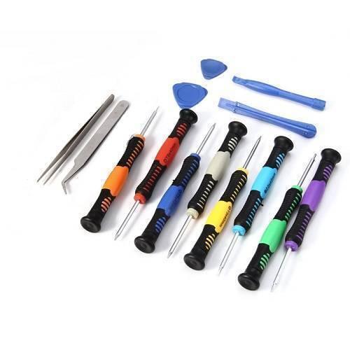 14 Pcs Repair Tools Screwdrivers Kit For Smartphone Pc Tablet 2811 - an assortment of multicolored screwdrivers, two metal tweezers, and plastic pry tools.