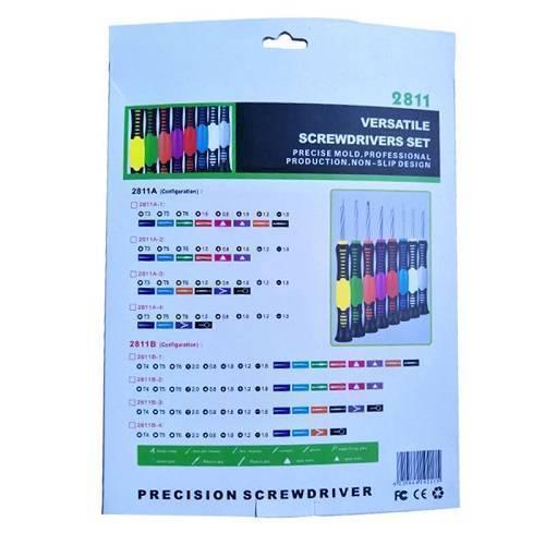 14 Pcs Repair Tools Screwdrivers Kit For Smartphone Pc Tablet 2811 - a list of screwdriver set configurations and a graphic of the colorful handled tools.