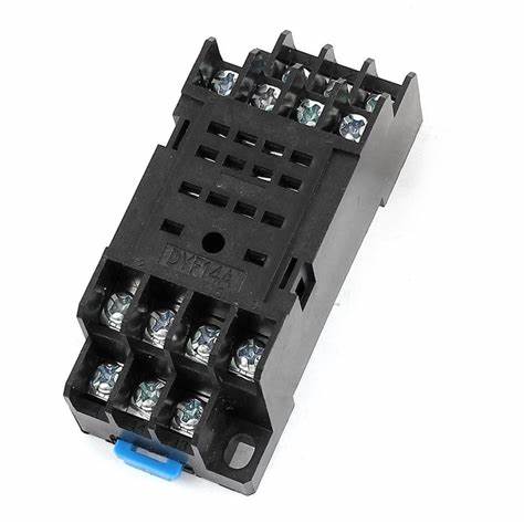 14 Pin 5A Coil 220V AC Power Relay Base Screw Terminals Base - a black, rectangular plastic relay socket with 14 screw terminals and a blue release latch.