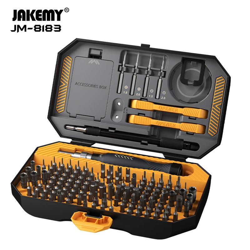145-in-1 Precision Screwdriver Set (jm-8183) - Electronics Repair Tool Kit - an open black and yellow plastic case displaying a screwdriver handle, numerous bits, and two orange openers.