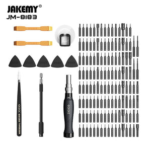 145-in-1 Precision Screwdriver Set (jm-8183) - Electronics Repair Tool Kit - a black handle, extension rod, tweezers, plastic openers, suction cup, and numerous metal bits.