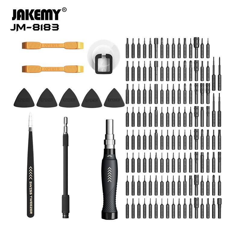145-in-1 Precision Screwdriver Set (jm-8183) - Electronics Repair Tool Kit - a black handle, extension rod, tweezers, plastic openers, suction cup, and numerous metal bits.