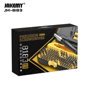 145-in-1 Precision Screwdriver Set (jm-8183) - Electronics Repair Tool Kit - shown in its black and yellow retail box with an open case displaying the screwdriver handle and bits.