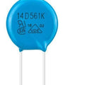 14D561K Mov Metal Oxide Varistor - a blue, circular electronic component with two wire leads and the text "14D561K" printed on its face.